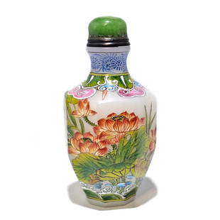 VERY FINE CHINESE OCTAGONAL ENAMEL GLASS SNUFF BOTTLE SIGNED QIANLONG MARK: THE EXQUISITELY ENAMELED SNUFF BOTTLE OF OCTAGONAL SHAPE. IT IS COVERED WITH FINE DETAIL, LOTUS, A KINGFISHER IN FLIGHT AND A SIGNED POEM. QIANLONG DATE MARK. IT IS 2.6 INCHES TALL. THE BOTTLE BEARS