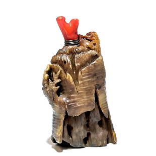 LOVELY CHINESE SHOUSHAN STONE SNUFF BOTTLE CICADA CORAL TREE: THE SUPERBLY CARVED SHOUSHAN STONE SNUFF BOTTLE, SHAPED LIKE A TREE TRUNK WITH A CICADA. THE STOPPER IS CORAL. THE BOTTLE IS 3.25 INCHES TALL. STANDS ARE FOR DISPLAY ONLY, NOT INCLUDED UNLESS