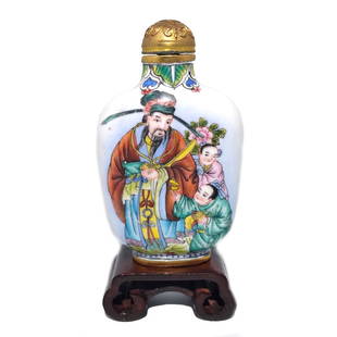 FINE CHINESE ENAMEL ON COPPER SNUFF BOTTLE CHILDREN IMMORTALS QIANLONG MARK: THE FINELY ENAMELED BOTTLE FEATURES IMMORTALS WITH CHILDREN AND A DEER. IT BEARS A QIANLONG MARK. IT IS 2.9 INCHES TALL. THE BOTTLE IT IS IN VERY GOOD CONDITION. STANDS ARE FOR DISPLAY ONLY, NOT INCLU
