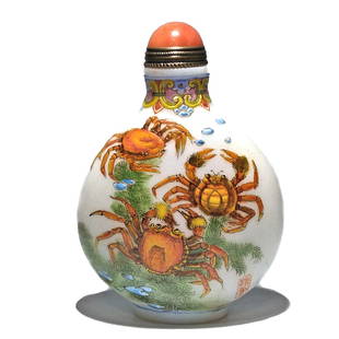 FANTASTIC CHINESE ENAMEL PEKING GLASS SNUFF BOTTLE CRABS QIANLONG MARK: THE VERY FINE SNUFF BOTTLE SO DELICATELY ENAMELED FEATURES CRABS ALL AROUND. THE BOTTLE BEARS A QIANLONG DATE MARK. THE BOTTLE IS 3 INCHES TALL. STANDS ARE FOR DISPLAY ONLY, NOT INCLUDED UNLESS OTHERW