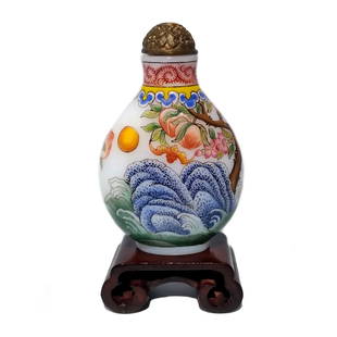 FINE CHINESE ENAMEL ON GLASS SNUFF BOTTLE BATS PEACHES QIANLONG MARK: THE CHINESE MILK GLASS SNUFF BOTTLE IS SO FINELY ENAMELED WITH IMAGES OF BATS AND PEACHES IN SURROUNDING NATURE SCENES. THE BOTTLE BEARS A QIANLONG MARK. IT IS 2.65 INCHES TALL. STANDS ARE FORDISPLAY