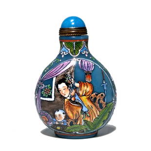 FINE CHINESE ENAMEL BLUE GLASS PEKING SNUFF BOTTLE QIANLONG MARK: THE FINE BOTTLE DEPICTING MOTHER AND CHILD IN TWO FRAMED SCENES WITH MUCH SURROUNDING DETAIL. THE BOTTLE BEARS A QIANLONG DATE MARK. IT IS 2.6 INCHES TALL. STANDS ARE FOR DISPLAY ONLY, NOT INCLUDED