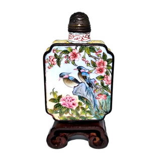 SUPERB CHINESE ENAMEL ON COPPER SNUFF BOTTLE BIRDS QIANLONG MARK: THE CHINESE ENAMEL ON COPPER SNUFF BOTTLE IS SO FINELY DECORATED WITH IMAGES OF BIRDS IN SURROUNDING NATURE SCENES. THE BOTTLE BEARS A QIANLONG MARK. IT IS 2.65 INCHES TALL. STANDS ARE FOR DISPLAY ONL