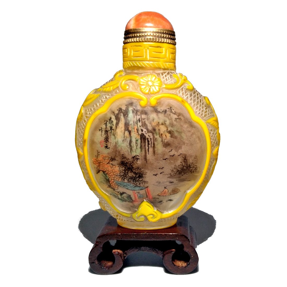SUPERB CHINESE INSIDE PAINTED SNUFF BOTTLE LANDSCAPE FISHERMEN MOUNTAINS TREES (1 of 10)