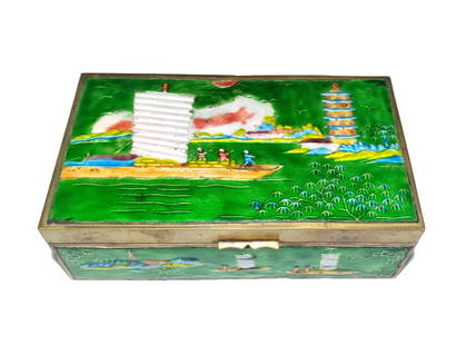 A VERY FINE ANTIQUE CHINESE ENAMEL COPPER BOX MARITIME SCENE: THIS LOT CONSISTS OF A VERY FINE ANTIQUE CHINESE ENAMELED OVER COPPER WITH SAMPAN BOATING SCENES ALL AROUND, WITH A PALACE IN THE BACKGROUND. THE BOX IS WOOD-LINED AND IT MEASURES 6.25 INCHES WIDE.