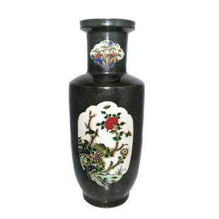 LARGE CHINESE ROULEAU VASE BLACK GROUND KANGXI MARK: THE LARGE FAMILLE VERTE VASE FEATURES FRAMED FLORAL SCENES ON BLACK BACKGROUND. THE VASE IS 17 INCHES TALL AND IT BEARS A KANGXI DATE MARK. STANDS ARE FOR DISPLAY ONLY, NOT INCLUDED UNLESS OTHERWISE