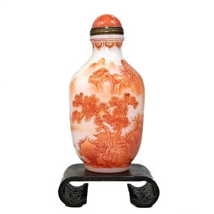 A FINELY ENAMELED GLASS SNUFF BOTTLE SEPIA LANDSCAPE: THE OUTSTANDING BOTTLE IS BEAUTIFULLY HAND PAINTED WITH A VERY DETAILED SEPIA COLORED LANDSCAPE. IT IS ALSO INCRIBED WITH A POEM. THE BOTTLE IS SIGNED AND IT IS DATED QIANLONG. IT IS 3.25 INCHES TALL.