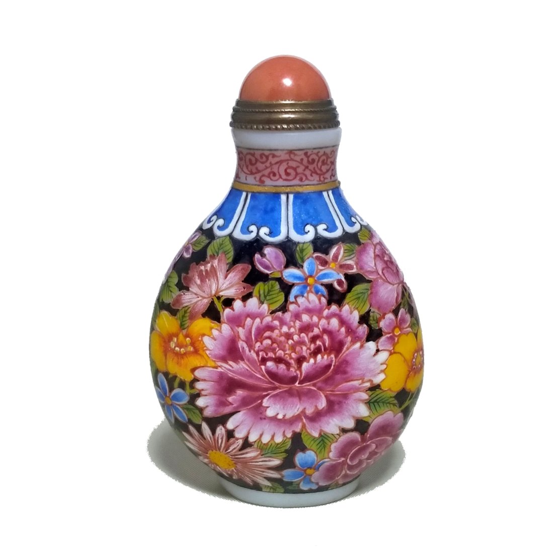 A FINELY ENAMELED GLASS SNUFF BOTTLE MULTI FLORAL: THE OUTSTANDING BOTTLE IS BEAUTIFULLY HAND PAINTED WITH A VERY DETAILED FLORAL SCENE. IT IS DATED QIANLONG. IT IS 2.6 INCHES TALL. PROVENANCE: FLORIDA PRIVATE COLLECTOR.WE PROVIDE IN-HOUSE SHIPPING FO