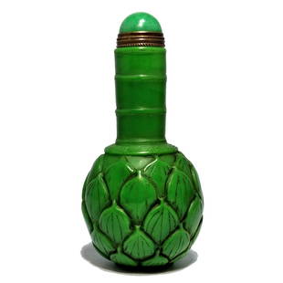 BEAUTIFUL CHINESE PEKING GLASS SNUFF BOTTLE LOTUS FORM: THE WELL CARVED SNUFF BOTTLE IS IN THE SHAPE OF A LOTUS. THE BOTTLE IS 3.6 INCHES TALL. STANDS ARE FOR DISPLAY ONLY, NOT INCLUDED UNLESS OTHERWISE STATED. PROPERTY OF A FLORIDA COLLECTOR. WE