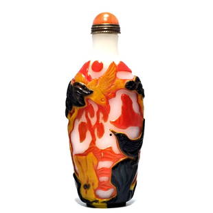 OUTSTANDING CHINESE PEKING GLASS SNUFF BOTTLE LANDSCAPE BIRDS: THE ELONGATED BOTTLE CARVED IN 4 LAYERS OF FIREY COLORS DEPICTING A LANDSCAPE WITH BIRDS, FLOWERS, ROCKS AND TREES.THE BOTTLE IS 4 INCHES TALL. STANDS ARE FOR DISPLAY ONLY, NOT INCLUDED UNLESS