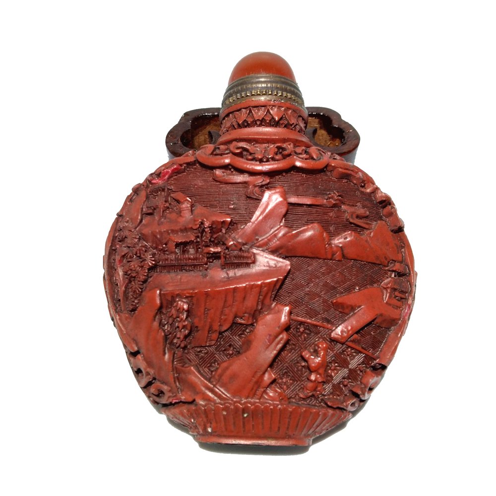 CHINESE CINNABAR LACQUER DATED SNUFF BOTTLE LANDSCAPES (1 of 8)