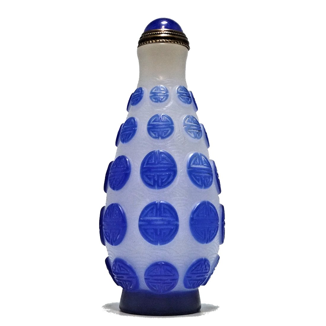 LOVELY CHINESE PEKING GLASS CARVED SNUFF BOTTLE SHOU SYMBOL: THE BEAUTIFULLY CARVED RARE BOTTLE FEATURES SHOU SYMBOLS IN GRADUATED SIZE, TAPERING TOWARDS THE NECK. THE BACKGROUND IS ETCHED WITH A WAVE DESIGN. THE BOTTOM AND MOUTH WELL CARVED. THE BOTTLE IS3 INC