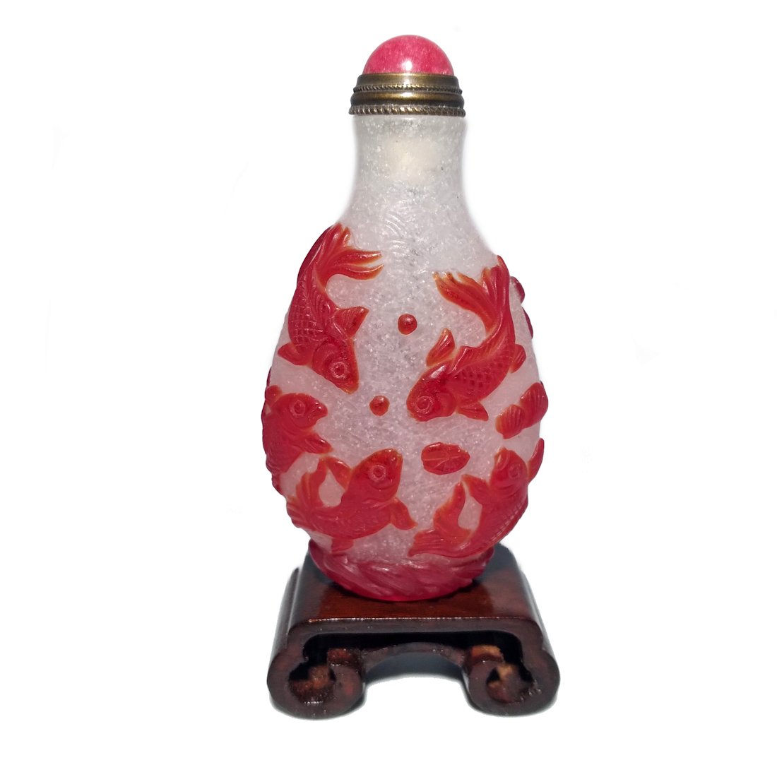 FINE CHINESE  CARVED SNUFF BOTTLE PEKING GLASS RED CARP (1 of 7)