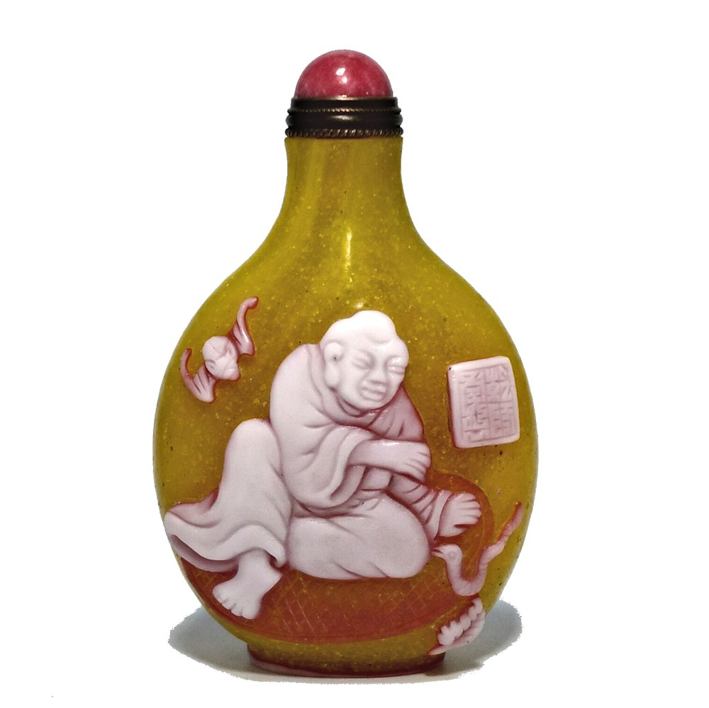 FINE CHINESE PEKING GLASS SNUFF BOTTLE LUOHANS TIGER SNAKE QIANLONG SEAL (1 of 8)