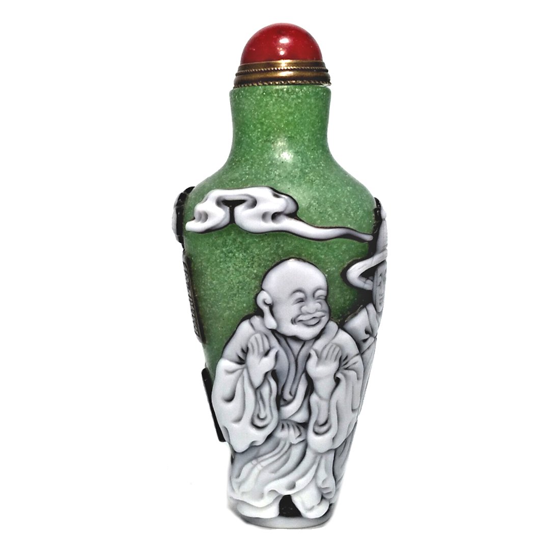 FINE CHINESE PEKING GLASS SNUFF BOTTLE LUOHANS SIGNED 4 SIDED QIANLONG SEAL (1 of 8)