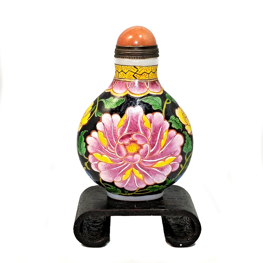 SUPERB CHINESE PEKING GLASS ENAMEL SNUFF BOTTLE FLOWERS: THE SUPERB CHINESE ENAMELED SNUFF BOTTLE IS FEATURES FLOWERS ALL AROUND. THE BOTTLE BEARS THE QIANLONG MARK. IT IS 2.75 INCHES TALL. STANDS ARE FOR DISPLAY ONLY, NOT INCLUDED UNLESS OTHERWISE STATED. 