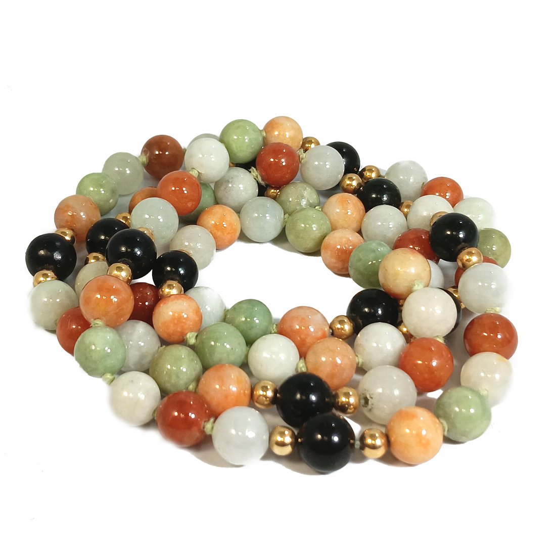 A NATURAL MULTICOLORED JADEITE NECKLACE: THE BEAUTIFUL JADEITE NECKLACE IS 34" AND THE BEADS ARE ABOUT 10MM.