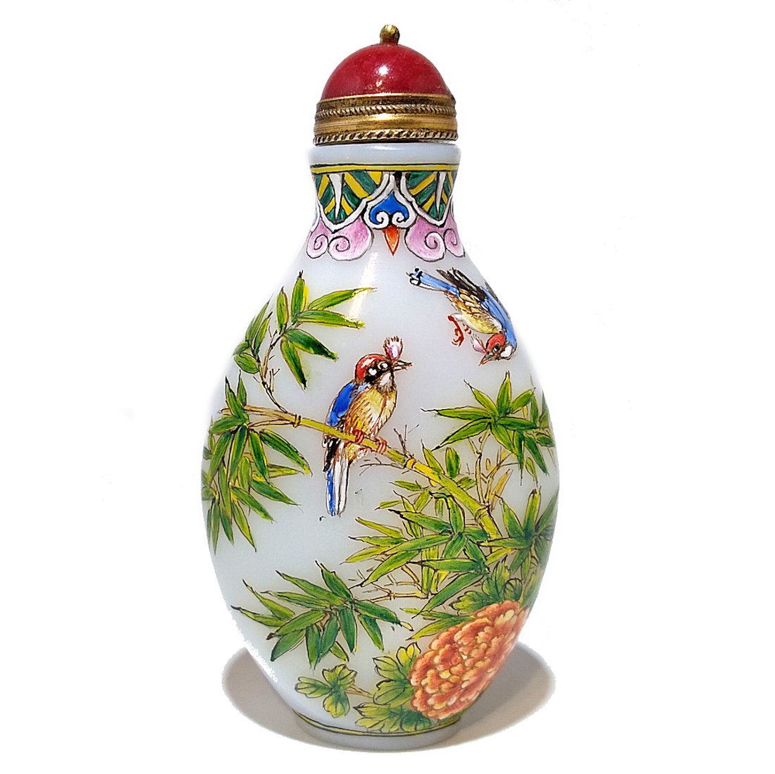 FINE CHINESE SNUFF BOTTLE ENAMEL ON GLASS BIRDS PEONIES QIANLONG MARK (1 of 6)