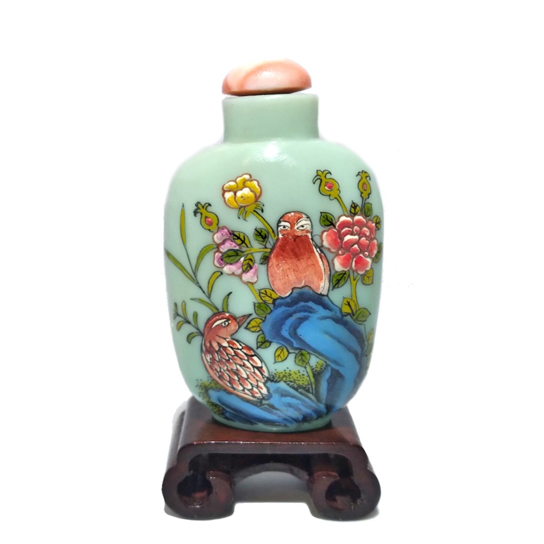 EXQUISITE CHINESE ENAMELED PEKING GLASS SNUFF BOTTLE QUAILS CORAL: THE SUPERB CHINESE SNUFF BOTTLE IS SO FINELY ENAMELED ON RAISED RELIEF, THE BOTTLE IS SIGNED. IT DEPICTS QUAILS IN THEIR NATURAL ENVIRONMENT WITH MUCH DETAIL. IT IS TOPPED BY A NATURAL CORAL STOPPER. 