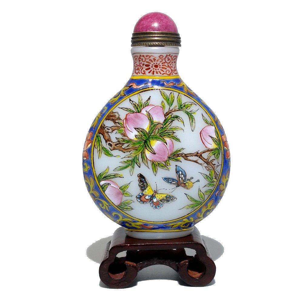 EXQUISITE CHINESE ENAMEL PEKING GLASS SNUFF BOTTLE BEES BUTTERFLIES QIANLONG (1 of 8)
