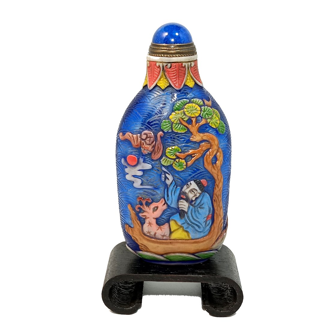 AN EXQUISITE CHINESE PEKING GLASS ENAMEL SNUFF BOTTLE OX DEER BAT RUYI (1 of 9)