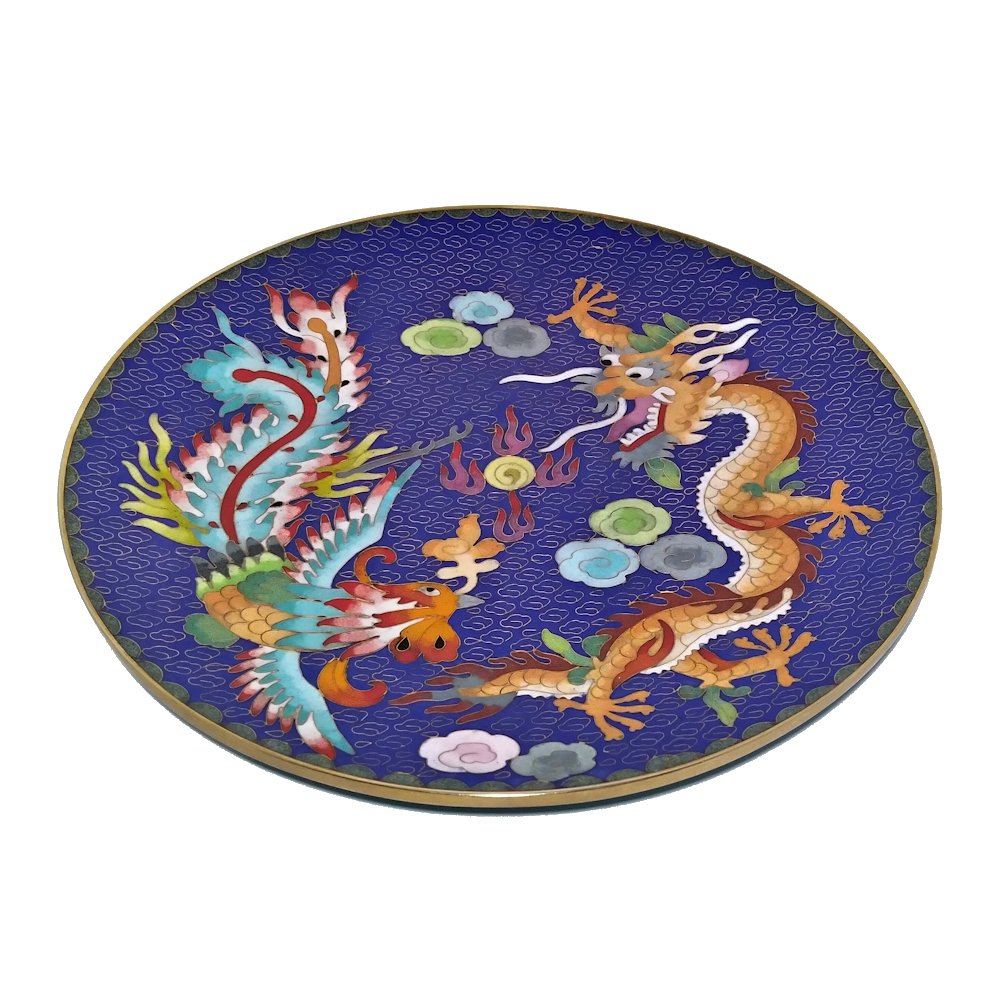 ANTIQUE CHINESE BRONZE CLOISONNE CHARGER IMPERIAL DRAGON PHOENIX (1 of 5)