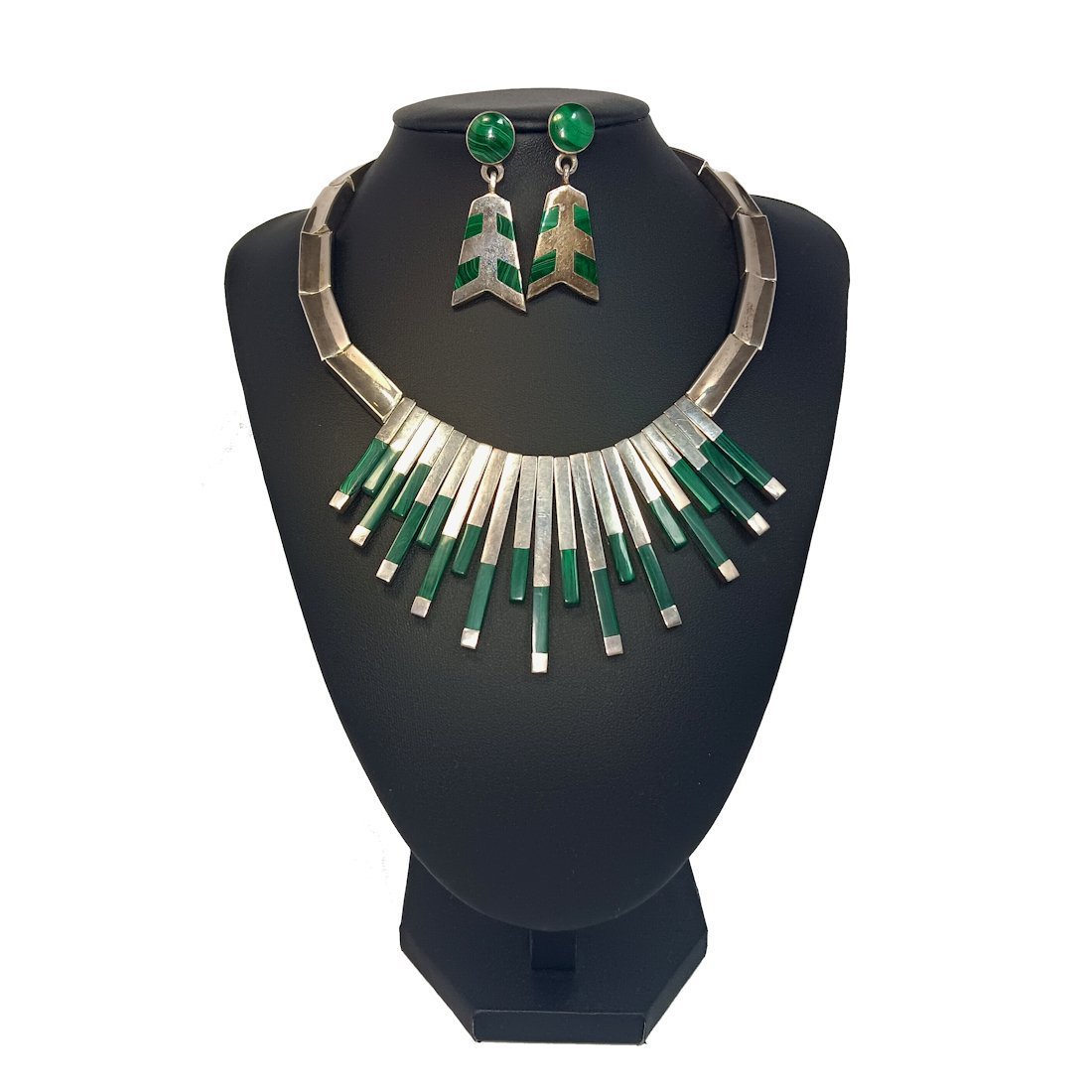 VINTAGE  HEAVY MEXICO STERLING SILVER MALACHITE NECKLACE EARRINGS (1 of 6)