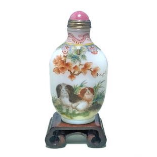 FANTASTIC CHINESE ENAMEL SNUFF BOTTLE CATS DOGS QIANLONG MARK: THE SUPERB AND RARE CHINESE SNUFF BOTTLE IS SO FINELY PAINTED ON MILK GLASS. THE STOPPER IS ADORNED WITH A ROSE QUARTZ CABOCHON. THE BOTTLE BEARS A QIANLONG MARK. IT IS 2.75 INCHES TALL. STANDS ARE FO