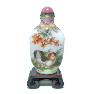 FANTASTIC CHINESE ENAMEL SNUFF BOTTLE CATS DOGS QIANLONG MARK: THE SUPERB AND RARE CHINESE SNUFF BOTTLE IS SO FINELY PAINTED ON MILK GLASS. THE STOPPER IS ADORNED WITH A ROSE QUARTZ CABOCHON. THE BOTTLE BEARS A QIANLONG MARK. IT IS 2.75 INCHES TALL. STANDS ARE