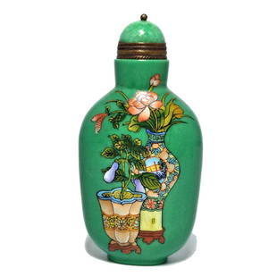FINE CHINESE PEKING GLASS ENAMEL SNUFF BOTTLE FLOWERS QIANLONG MARK: THE EXQUISITE CHINESE SNUFF BOTTLE IN GREEN GLASS, ENAMELED WITH FLOWER ARRANGEMENTS IN VASES AND POTS. THE BOTTLE IS 3 INCHES TALL AND BEARS A QIANLONG MARK. STANDS ARE FOR DISPLAY ONLY, NOTINCLUDED