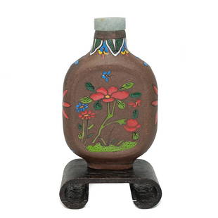 FINE ANTIQUE CHINESE 19TH C ENAMELED YIXING SNUFF BOTTLE: THE RARE ANTIQUE YIXING BOTTLE IS EXQUISITELY ENAMELED. IT HAS PATINA AND OXIDATION FROM AGE. CIRCA 1800S, QING DYNASTY. THE STOPPER IS JADEITE. IT IS 2.9 INCHES TALL. STANDS ARE FOR DISPLAY ONLY, NOT