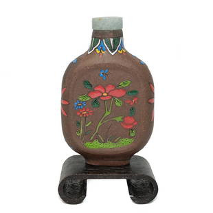 FINE ANTIQUE CHINESE 19TH C ENAMELED YIXING SNUFF BOTTLE: THE RARE ANTIQUE YIXING BOTTLE IS EXQUISITELY ENAMELED. IT HAS PATINA AND OXIDATION FROM AGE. CIRCA 1800S, QING DYNASTY. THE STOPPER IS JADEITE. IT IS 2.9 INCHES TALL. STANDS ARE FOR DISPLAY ONLY,