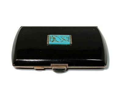 ART DECO SILVER FRENCH COMPACT ENAMEL DIAMONDS TURQUOISE CORONA: WHAT A FABULOUS PIECE! IT IS MARKED WITH FRENCH TOUCH MARKS AS WELL AS MAKER'S MARK AND IDENTIFICATION NUMBER. IT IS ALSO MARKED CORONA AND SOME NUMBERS.THE PLAQUE IS CARVED TURQUOISE AND IT IS