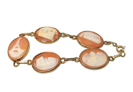 A VERY WELL CARVED SHELL CAMEO BRACELET GRAND TOUR 7.5": THE RARE BRACELET FEATURES 5 PANELS OF VERY WELL CARVED SHELL CAMEOS DEPICTING A CUSTOM MADE GRAND TOUR, MADE FOR A PERSON TO FEATURE THE PLCES VISITED. IT INCLUDES THE SPHYNXS AND PYRAMIDS, THE