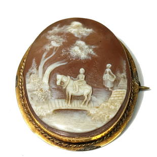 RARE ANTIQUE VICTORIAN  SHELL CAMEO  VILLAGE HORSE FIGURAL: THE STUNNING ANTIQUE SHELL CAMEO IS FINELY CARVED OUT OF SHELL. PARTS OF THE FRAME ARE 9CT GOLD AND SOME PARTS ARE POSSSIBLY NOT.THE SUBJECT MATTER IS RARE.THE CAMEO IS 1.8" BY 1.6 WE PROVIDE IN-HOUSE