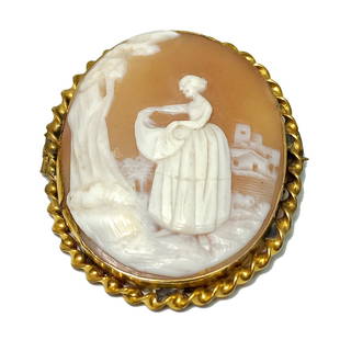 RARE ANTIQUE VICTORIAN SHELL CAMEO MAIDEN FIGURAL: THE STUNNING ANTIQUE SHELL CAMEO IS FINELY CARVED OUT OF SHELL. IT IS VICTIRIAN AND THE C CLASP HAS BEEN REPLACED LATER.THE CAMEO IS 1.6" BY 1.4.GOLD TONE FRAME. WE PROVIDE IN-HOUSE SHIPPING.