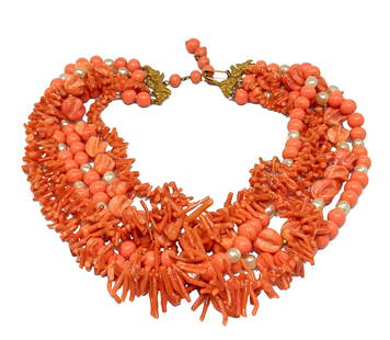 A FABULOUS MIRIAM HASKELL HESS DESIGN 1930S CORAL NECKLACE: THE FABULOUS MULTI STRAND CORAL, GLASS AND FAUX PEAARL NECKLACE IS ATTRIBUTED TO MIRIAM HASKELL CIRCA 1930S, DESIGNS BY FRANK HESS. THE EARLY HESS PIECES WERE NOT SIGNED BUT FEATURED THE CLASSIC HASKE