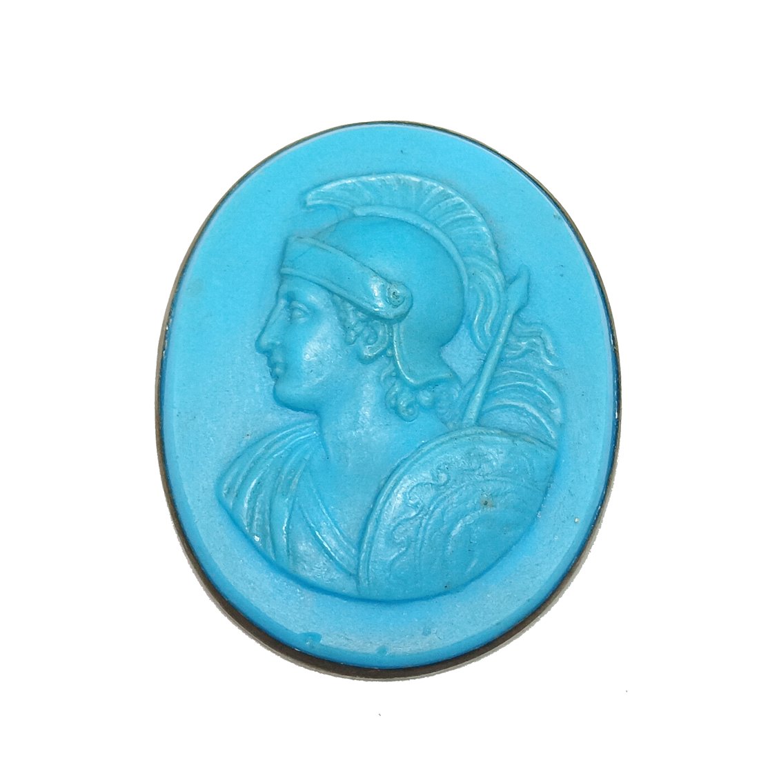 A FINE ANTIQUE BLUE JASPERWARE CAMEO GREEK GOD ARES: THE FINE ANTIQUE CAMEO IS MADE OF BLUE JASPERWARE. IT FEATURES THE GREEK GOD ARES. THE CAMEO IS 1.75" BY 1.5". IT IS SET IN A SILVER FRAME. WE PROVIDE IN-HOUSE SHIPPING.