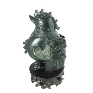 RARE CHINESE ARCHAIC SONG DYNASTY JADE PHOENIX CENSER: EXTREMELY RARE ARCHAIC SONG JADE PHOENIX-FORM VESSEL MAGNETIC GREEN BLACK JADE. The mythical bird shown with head turned slightly up, the tips of the wings ending in upswept curls and its long tail