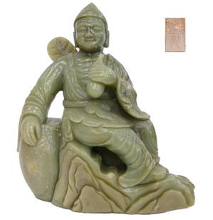FANTASTIC CHINESE GREEN JADE STATUE IMMORTAL DAOGUANG: SUPERB LARGE CHINESE GREEN JADE STATUE IMMORTAL FIGURE, DAOGUANG PERIOD. The massive and finely carved, superb green celadon jade statue of a serene, smiling immortal Zhongli Quan seated on rocks, hol