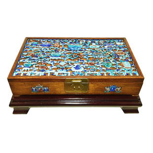 RARE CHINESE ROSEWOOD BOX WITH SUPERB ENAMEL QING: A RARE CHINESE ROSEWOOD SCHOLAR BOX WITH SUPERB ENAMEL OF AUSPICIOUS OBJECTS 19TH C. The outstanding, large box with an inlay of enamel on brass, on the cover and around the sides. The enamel in blues