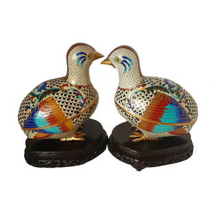 IMPORTANT ANTIQUE CHINESE CLOISONNE ON BRONZE QUAIL BOXES QING: AN IMPORTANT PAIR OF ANTIQUE CHINESE CLOISONNE ON BRONZE QUAIL BOXES QING. The substantial and rare boxes in heavy gilded bronze with immaculate cloisonné enamel work Both on carved wood stands. One