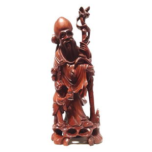 LARGE ANTIQUE CHINESE ROOT WOOD STATUE SHOULAO HAPPY GOD: A WELL CARVED CHINESE OLD LARGE ROOT WOOD STATUE OF SHOULAO HAPPY GOD H: 16.5 inches, 41.5 cm; W: 5.5 inches, 13 cm; L: 6 inches, 15 cm. Provenance: private Florida collection.