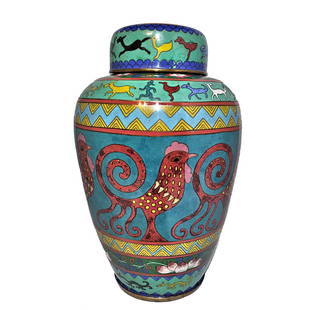ANTIQUE CHINESE 19TH C. CLOISONNE COVERED JAR ARCHAISTIC QING ROOSTER: THE RARE AND BEAUTIFUL LARGE COVERED JAR DATES TO QING PERIOD, LATE 1800S, ABOUT 150 YEARS OLD. IT IS COVERED WITH ARCHAISTIC PATTERNS. THE CENTER FEATURES LARGE ROOSTERS IN RED. THERE ARE ALSO IMAGES