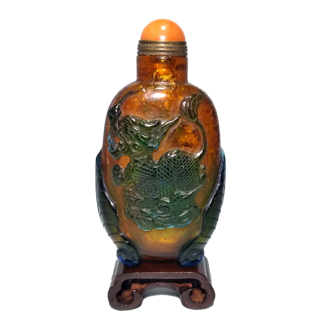 BEAUTIFUL CHINESE FOOTED PEKING GLASS SNUFF BOTTLE DRAGON STORK TURTLE (1 of 8)