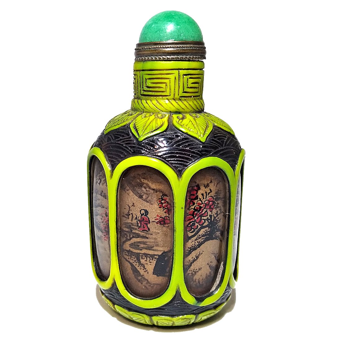 FABULOUS CARVED CHINESE PEKING GLASS SNUFF BOTTLE PAINTED INSIDE (1 of 6)