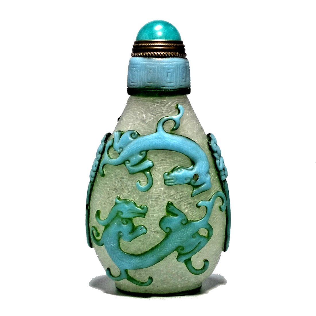 RARE CHINESE PEKING GLASS SNUFF BOTTLE GOATS DRAGONS: THE BEAUTIFULLY CARVED AND ETCHED CHINESE SNUFF BOTTLE FEATURES GOATS ON ONE SIDE AND DRAGONS ON THE OTHER. IT IS CARVED IN THREE LAYERS OF GLASS AND THE BACKGROUND IS ETCHED WITH A WAVE PATTERN.THEBO