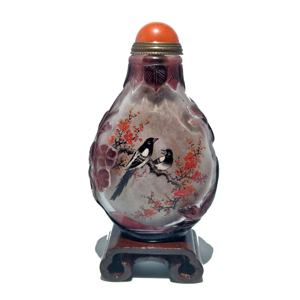 WELL CARVED CHINESE PEKING GLASS INSIDE PAINTED SNUFF BOTTLE BIRDS FLOWERS (1 of 8)