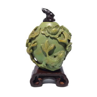 FINE CHINESE CARVED TURQUOISE SNUFF BOTTLE QING 18 C DRAGON FISH ELDER: THE TURQUOISE CHINESE SNUFF BOTTLE IS CARVED IN HIGH RELIEF ON BOTH SIDES DEPICTING AN ELDER ON A BOAT,FLORA AND A BEAUTIFUL DRAGON FISH. IT DATES TO THE QING DYNASTY, 18 CENTURY. THE STOPPER IS CARVE