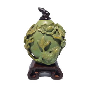 FINE CHINESE CARVED TURQUOISE SNUFF BOTTLE QING 18 C DRAGON FISH ELDER: THE TURQUOISE CHINESE SNUFF BOTTLE IS CARVED IN HIGH RELIEF ON BOTH SIDES DEPICTING AN ELDER ON A BOAT,FLORA AND A BEAUTIFUL DRAGON FISH. IT DATES TO THE QING DYNASTY, 18 CENTURY. THE STOPPER IS